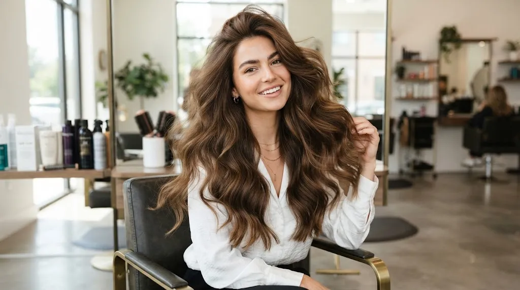 A young woman with voluminous, bouncy long hair showing excellent root lift to prevent flatness
