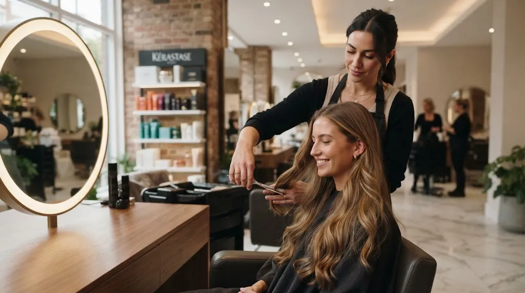 Professional hairstylist performing a length-preserving dusting and layering technique on a woman's long hair in a modern salon