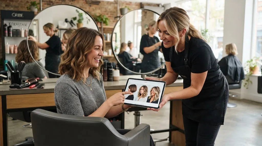 Client discussing reference hairstyle photos and ideas with a professional hair stylist in a modern salon