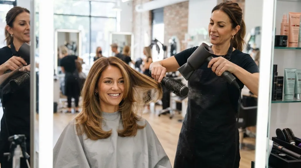 Professional hairstylist using a round brush and blow dryer to style bouncy layered hair at home