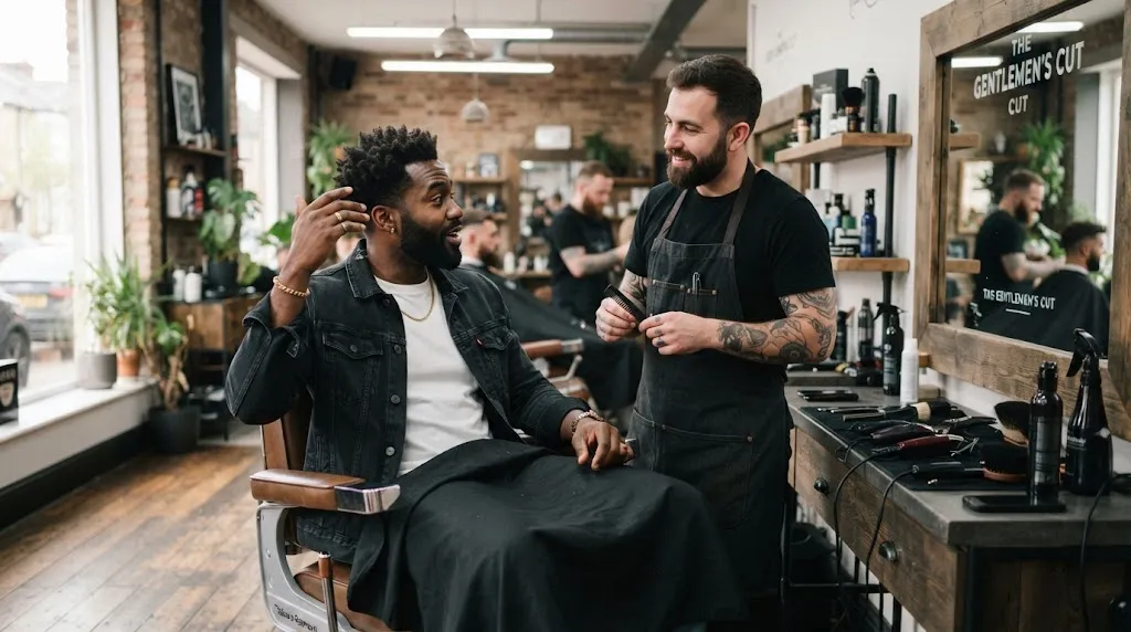 A man consulting and communicating clearly with his professional barber in a modern barbershop for a custom men's haircut