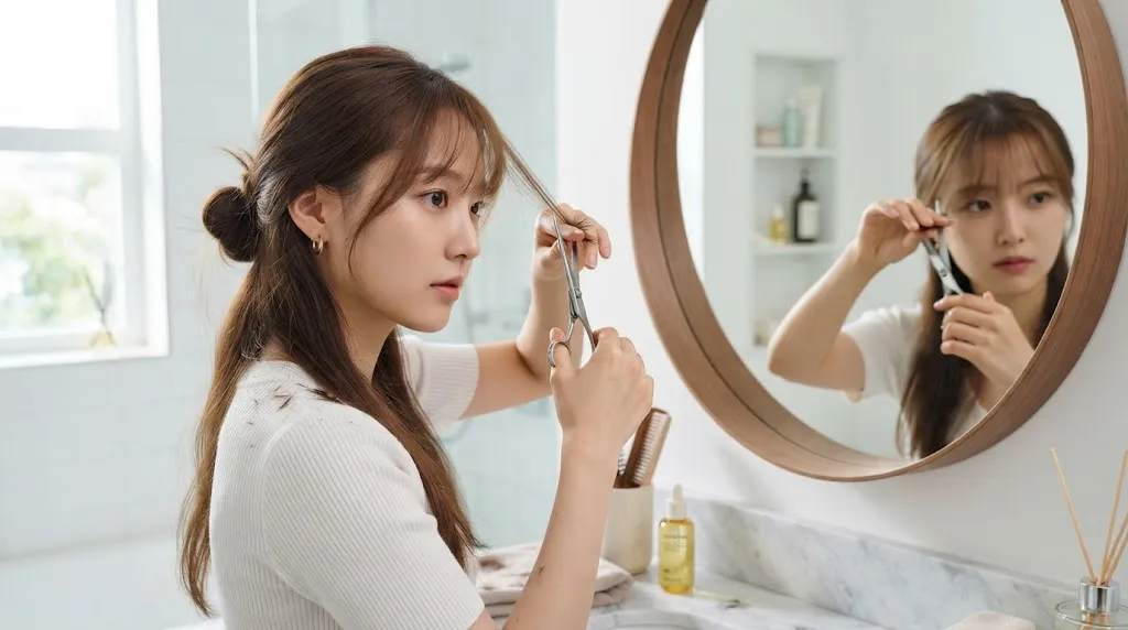 Close-up of a person carefully trimming their wispy Korean see-through fringe with shears vertically at home