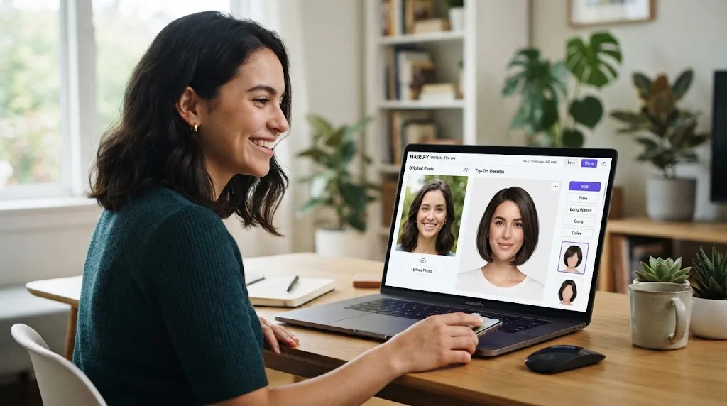 Person using a virtual hairstyle try-on tool on a computer to upload a selfie and test different haircuts