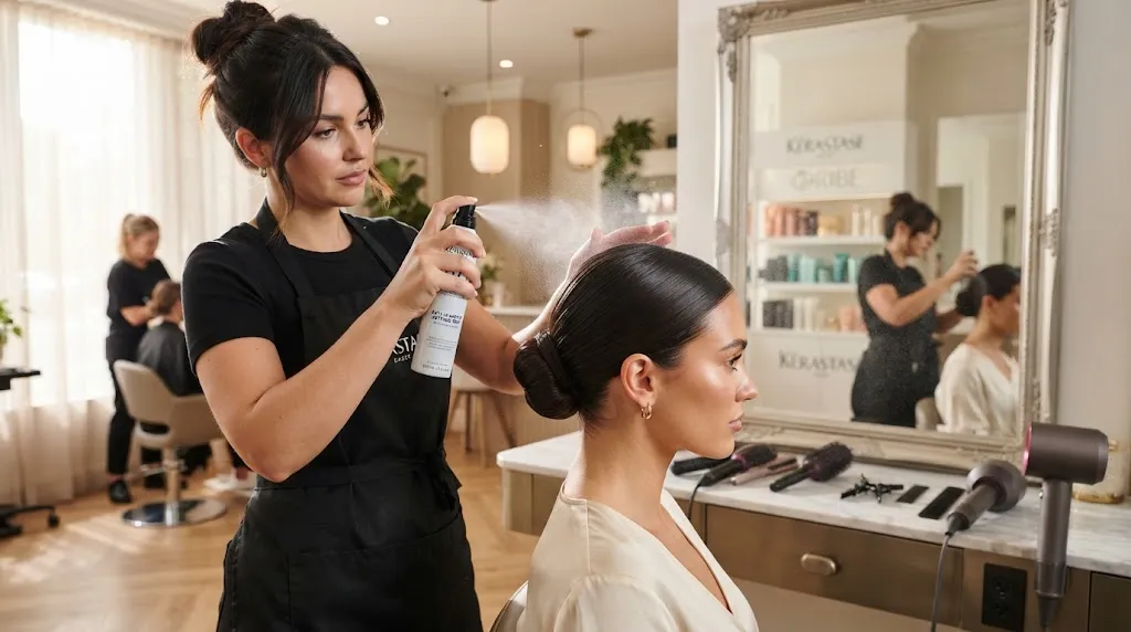Professional hairstylist applying anti-humidity setting mist to protect a sleek updo from sweat and frizz during outdoor events.