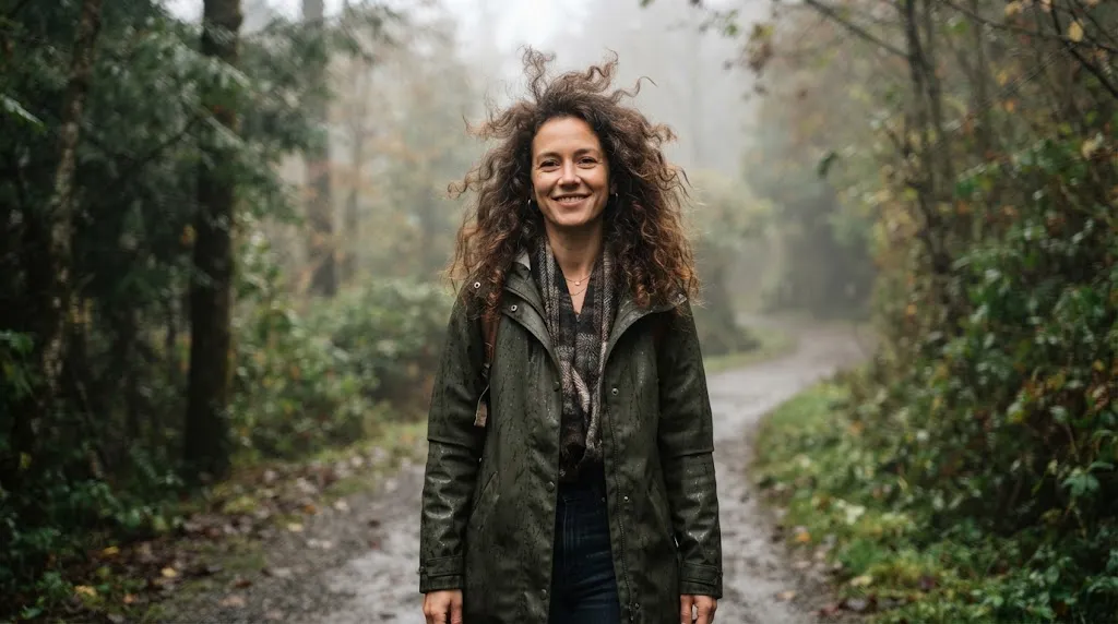 A woman experiencing frizzy hair due to high humidity outdoors