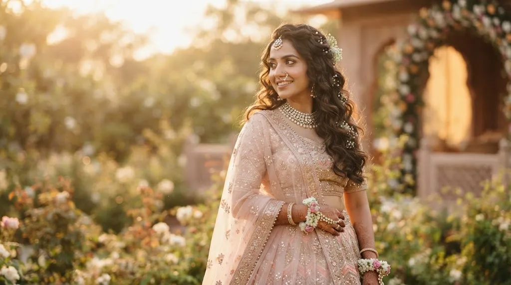 Stunning Indian bride with voluminous loose curls and soft natural waves wearing a traditional outfit for a wedding
