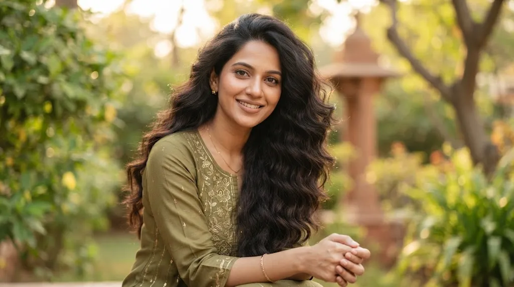 A woman with long, glossy, textured dark wavy Indian hair showcasing healthy volume and natural movement