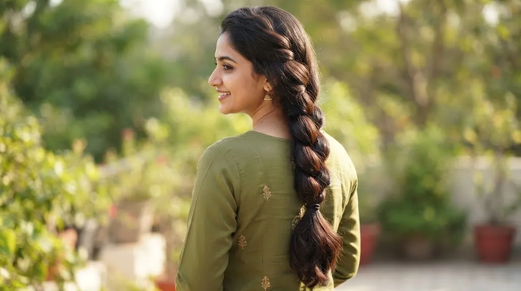 A back view of an Indian woman with long, thick, dark brown hair styled into a voluminous, textured braid while wearing a green kurta, suitable for everyday or traditional wear.