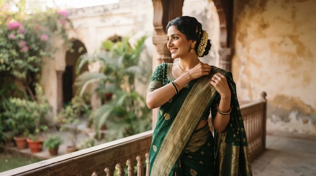 An elegant Indian woman in a traditional saree gracefully managing her pallu while her hairstyle remains neat and intact.