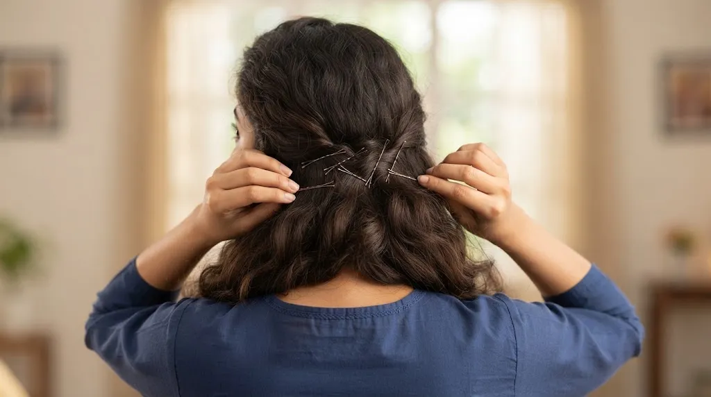 The back view of a South Asian woman with thick, voluminous dark brown hair, showing multiple metallic bobby pins sliding out of place and failing to hold the heavy hair section above the nape.