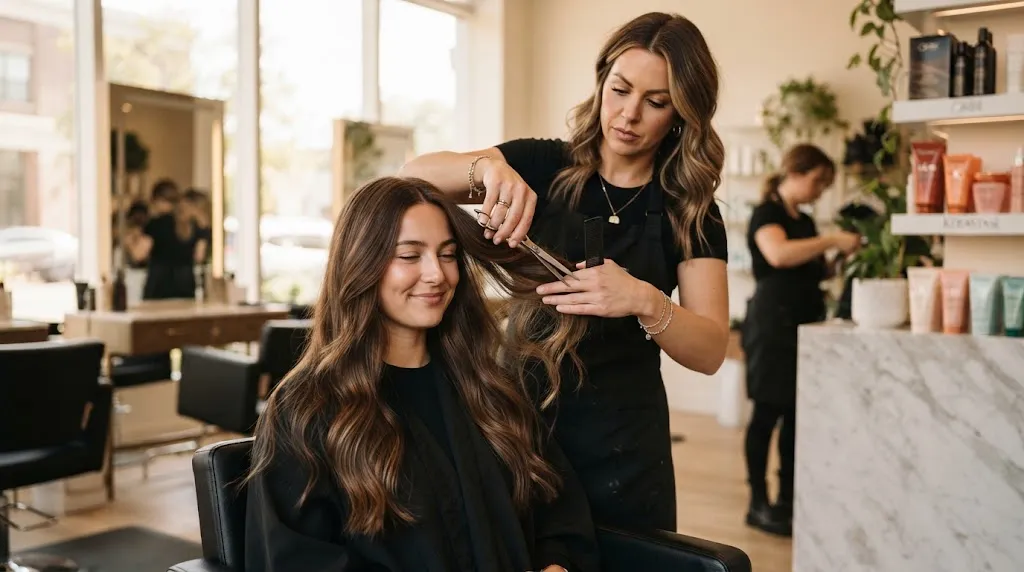Professional stylist cutting internal invisible layers on long hair to remove bulk without losing length