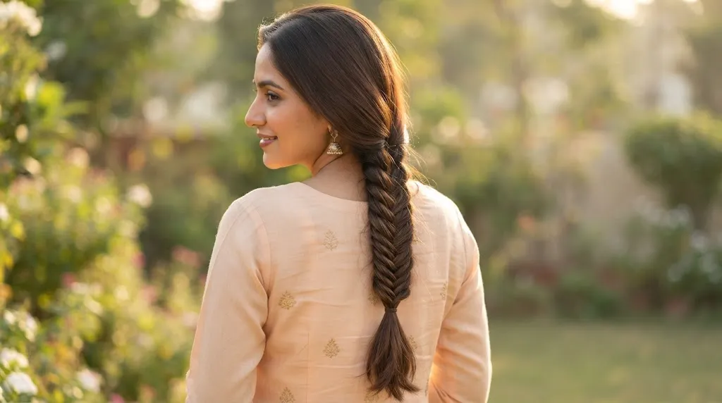 An Indian woman with a beautiful, neat fishtail braid hairstyle, wearing a peach kurta and jhumka earrings, viewed from the back in a sunlit garden.