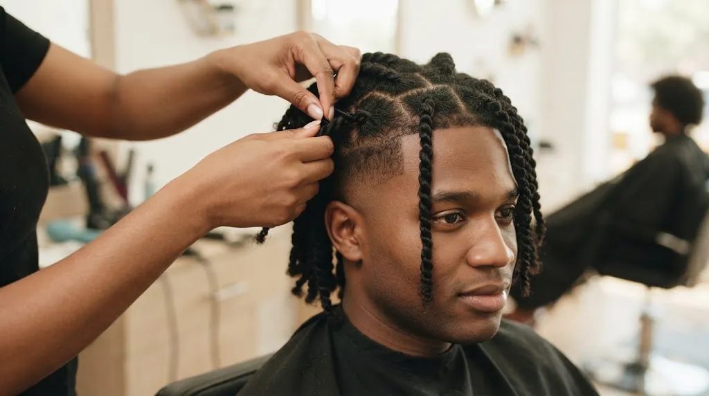 A professional braider installing neat two-strand twists on a Black man's natural hair in a salon, showing proper, comfortable tension without pain.