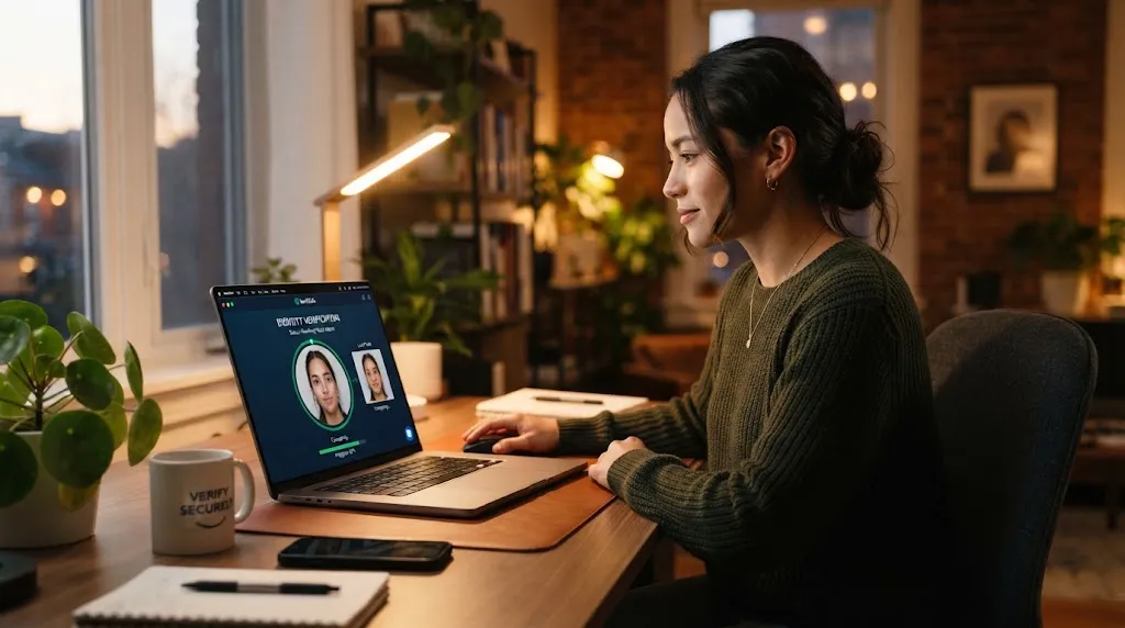 A person reviewing online privacy and safety settings on a laptop before uploading a photo for a virtual hairstyle changer