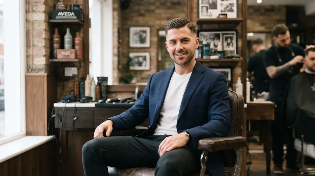 A stylish man with a clean Ivy League haircut and neat side part sitting in a modern barbershop