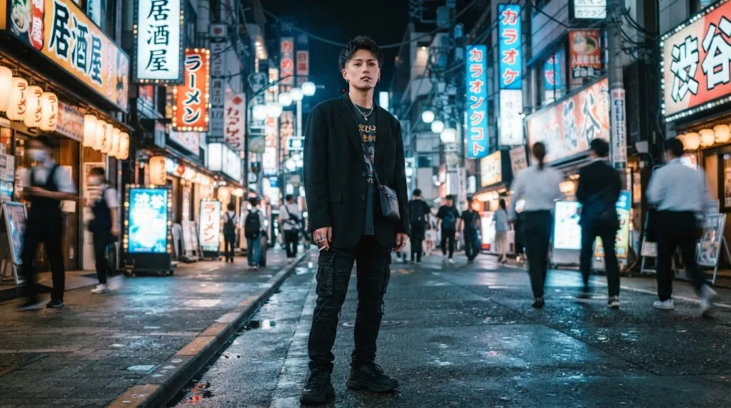 A stylish young man showcasing a trendy Japanese textured hairstyle inspired by J-Pop and Tokyo street fashion under neon lights.