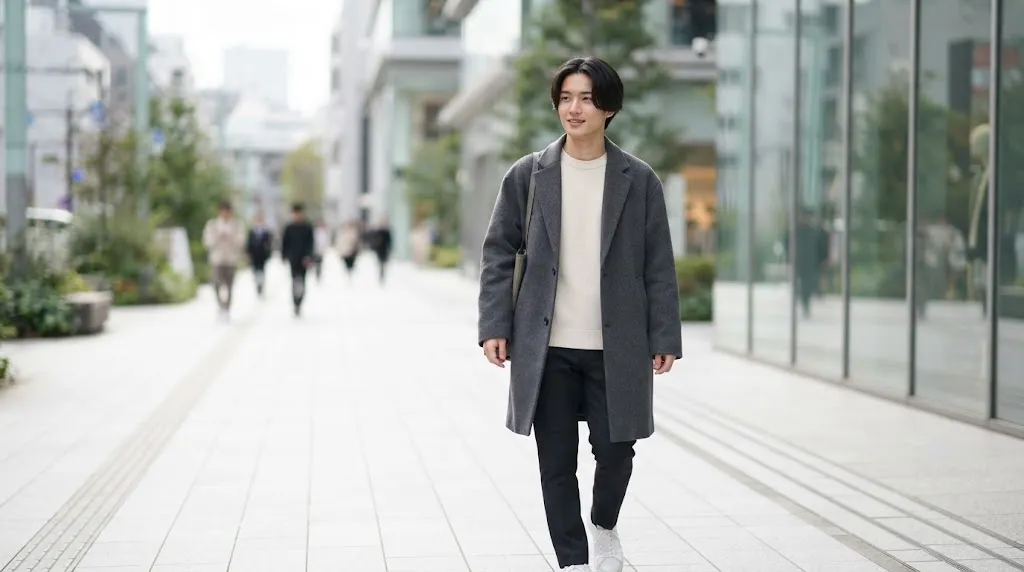 A young Japanese man walking on a modern Tokyo street with a stylish, medium-length center part haircut, wearing a grey coat and cream sweater.