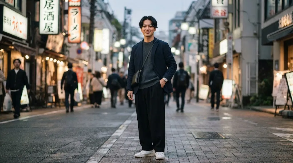 A handsome young Japanese man with a modern clean center part hairstyle and soft natural texture posing in a stylish Tokyo setting