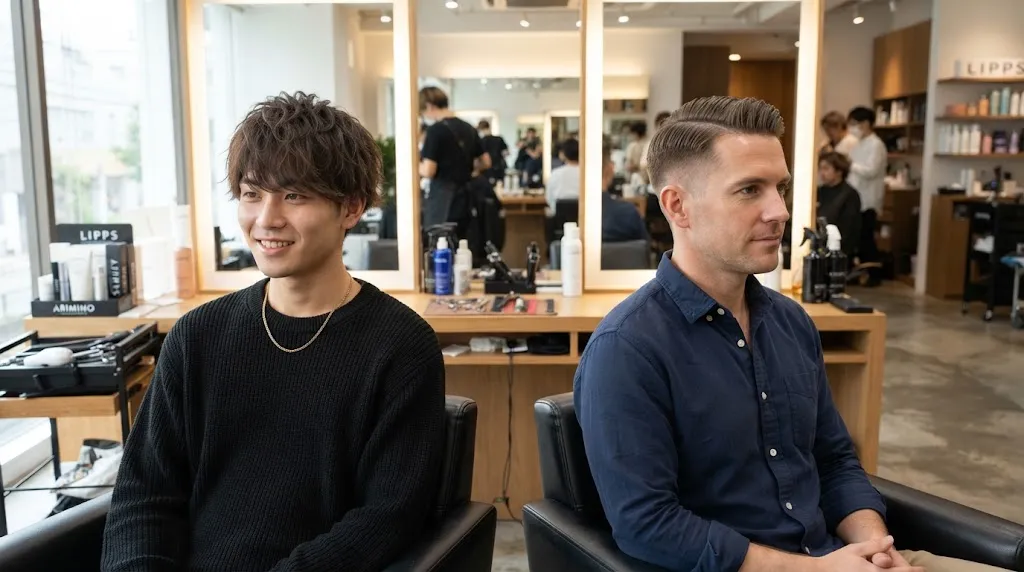 A side-by-side comparison showcasing a textured Japanese men's haircut with natural flow next to a classic regular men's haircut in a modern salon.