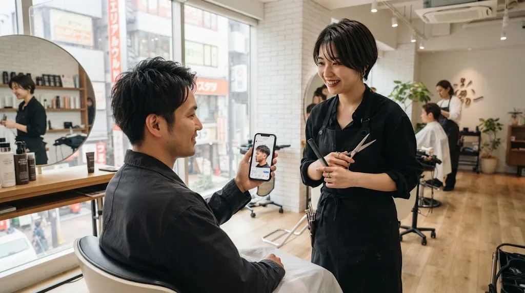 A man showing a smartphone reference photo to a Japanese hair stylist in a modern salon