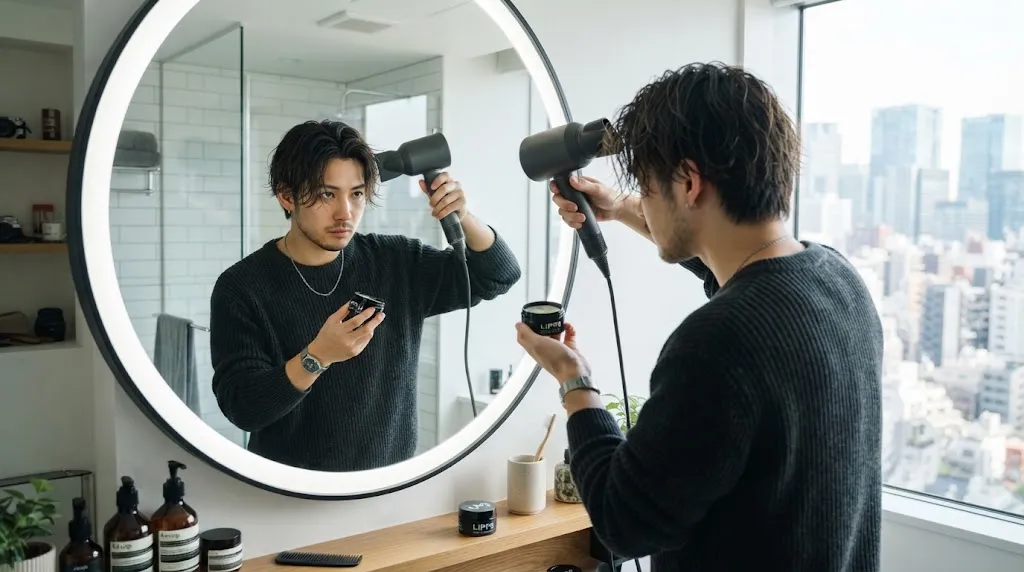 A stylish young Japanese man styling his hair with a blow dryer and product in a modern Tokyo apartment for his daily hair routine.