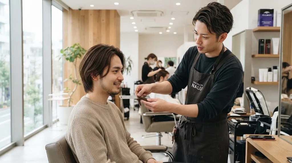 A professional Japanese hairstylist discussing hair length with a male client in a modern, well-lit salon.