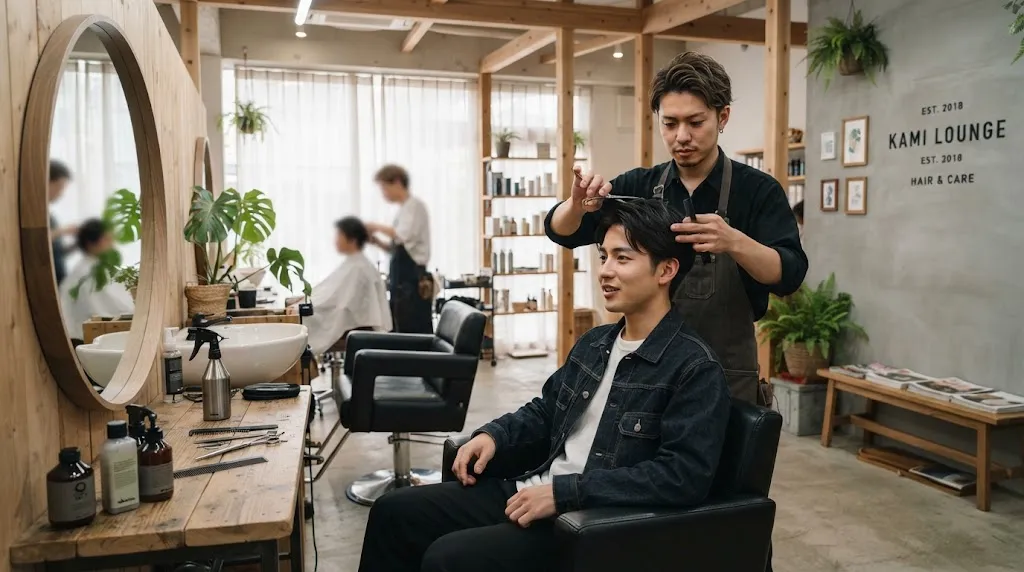 Modern Japanese hair salon professional maintaining and styling a stylish men's haircut with natural texture and soft layers