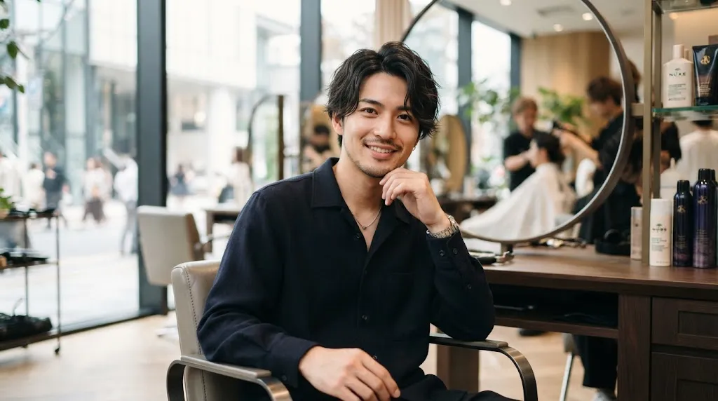 A handsome Japanese man showcasing a modern textured Japanese hairstyle with natural movement and layered cutting techniques in a Tokyo salon setting