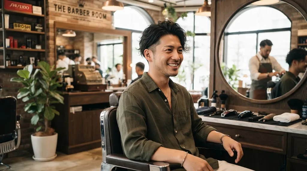 A stylish young man with a modern Japanese hairstyle demonstrating a well-suited cut for his face shape in a bright, modern salon.