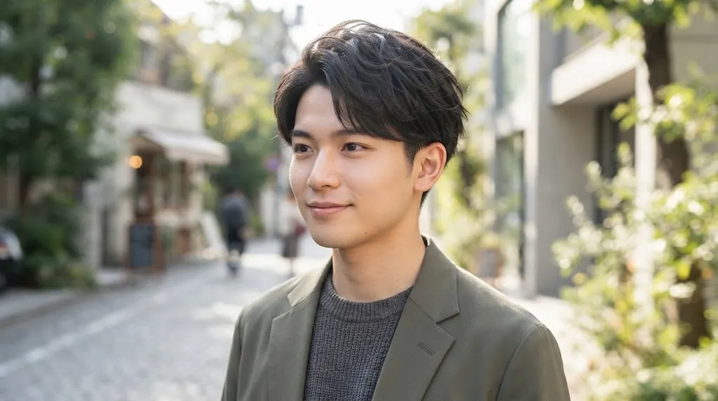 A stylish Japanese man with a voluminous, textured medium-length haircut, wearing an olive blazer, standing on a sunlit Tokyo street.