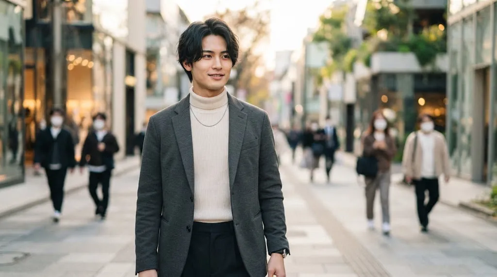 A young Japanese man with a stylish, soft-layered medium haircut walking on a modern Tokyo street, chosen as a flattering hairstyle for a square face shape.