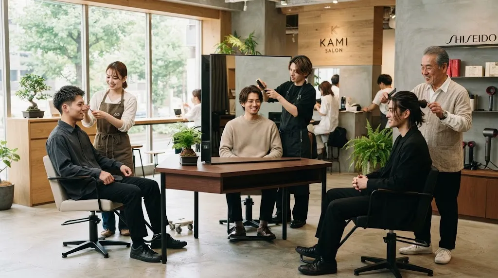A collection of modern Japanese men's hairstyles categorized by short, medium, and long hair lengths in a stylish salon setting.
