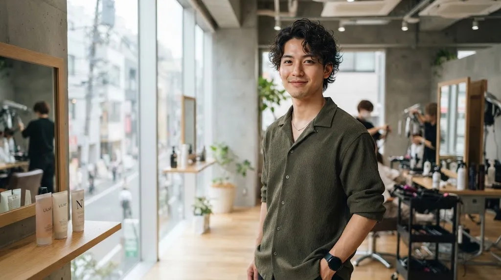 A stylish young man with a modern Japanese layered haircut showcasing natural curly hair texture in a clean Tokyo salon.