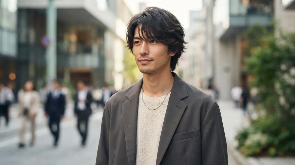A stylish Japanese man with a long face shape sporting a modern, volumizing medium-length haircut with a textured fringe on a Tokyo street.