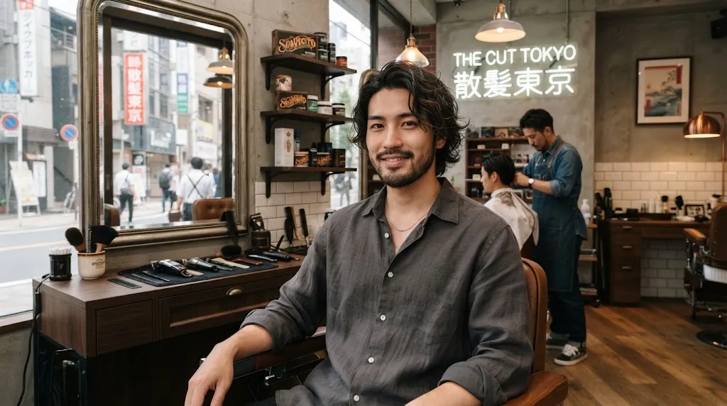 Asian man with stylish medium-length wavy textured hair showcasing a modern Japanese hairstyle in a clean barbershop setting