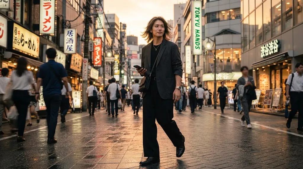 A stylish Japanese man showcasing a modern long flow hairstyle with soft layers and natural movement on a Tokyo street.
