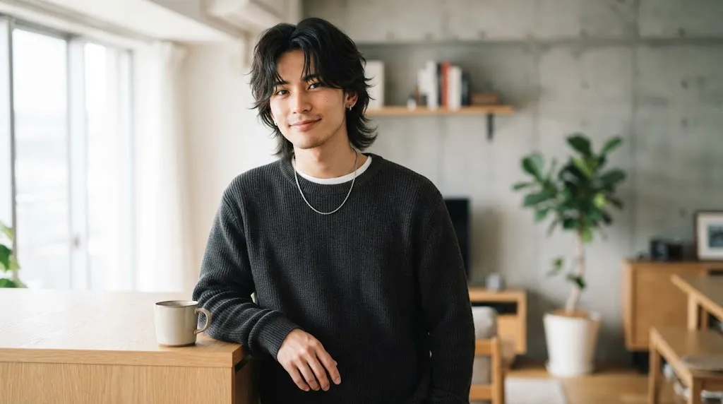 Stylish young man showcasing a modern Japanese long wolf cut hairstyle with textured layers and natural flow