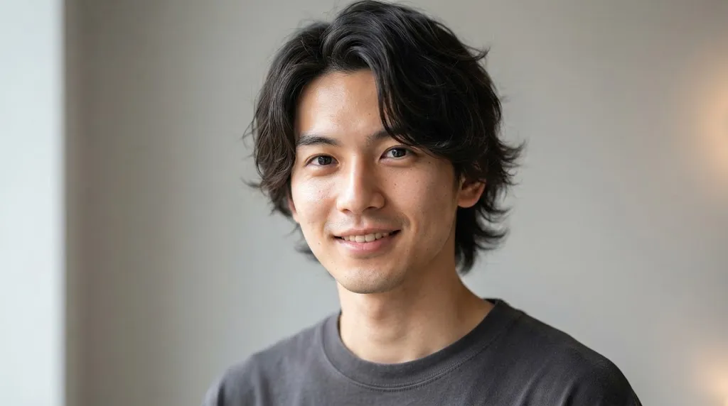 Close-up portrait of a Japanese man showcasing a modern haircut with natural texture, soft layers, and movement