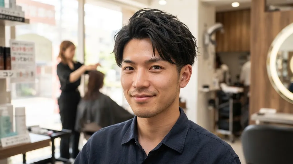 Japanese man with thick hair showcasing a modern textured two block haircut with soft layers in a salon