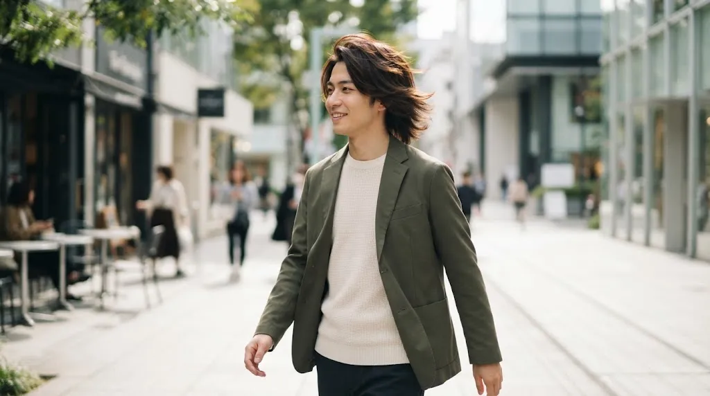 A stylish Japanese man with medium-length textured hair walking outdoors, showcasing natural hair movement.(This accurately describes the visual content and
