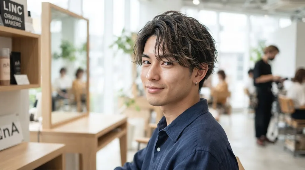 A young man with a modern Japanese hairstyle featuring soft layers that create a natural shape and movement