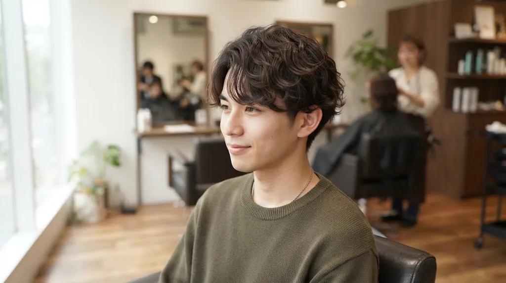 A Japanese man with a stylish, natural wavy perm hairstyle in a modern hair salon.