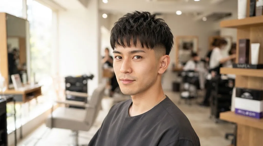A stylish man showcasing a modern Japanese short crop hairstyle with textured layers and clean sides