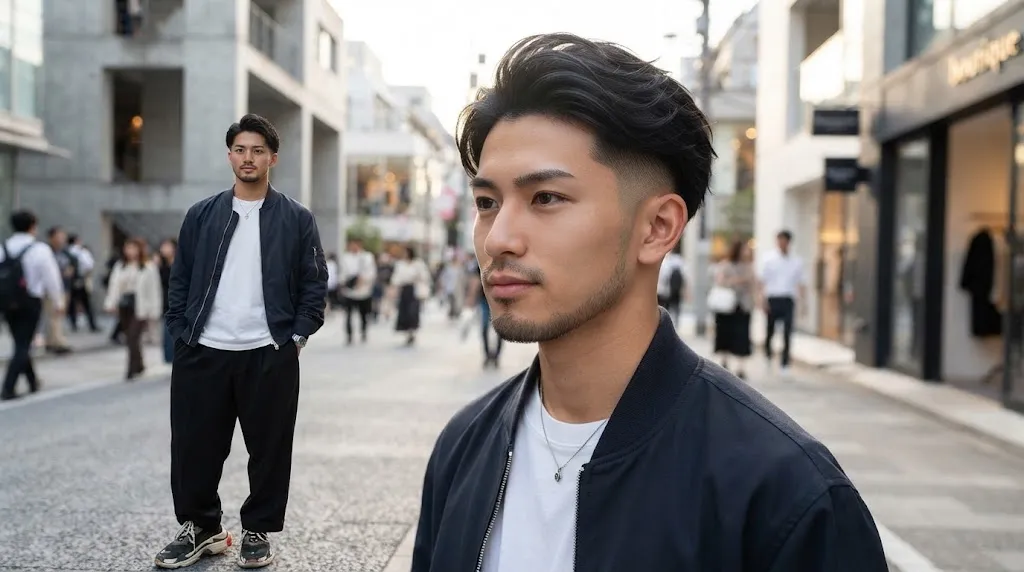 A stylish Japanese man with a modern undercut hairstyle, featuring short sides and textured, voluminous longer hair on top, walking down a street in Tokyo.