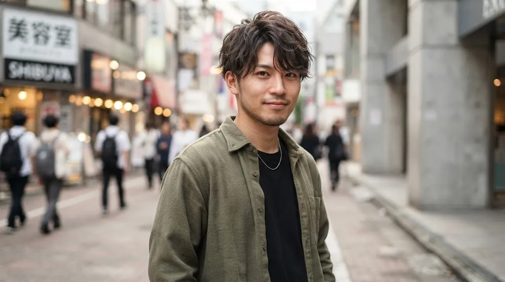 Close-up of a modern Japanese men's haircut showcasing textured layers and natural hair movement.