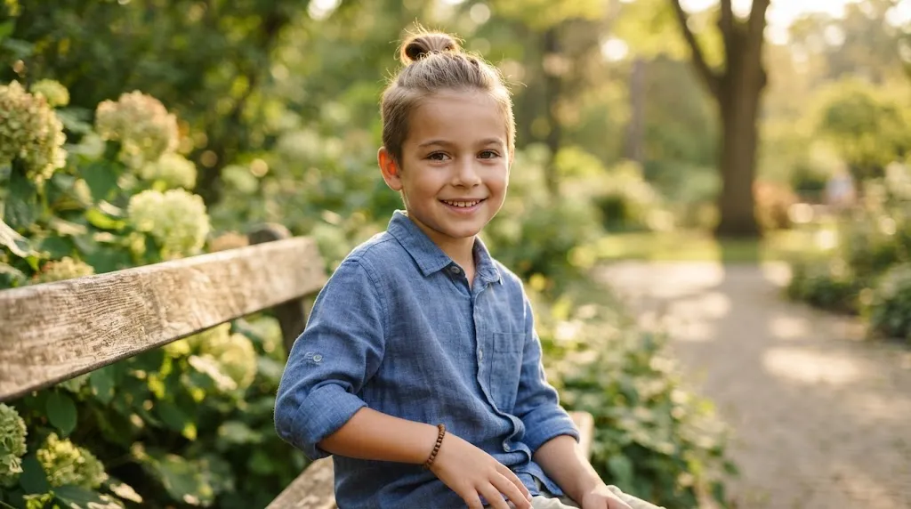 A stylish junior man bun haircut on a young boy outdoors in natural sunlight