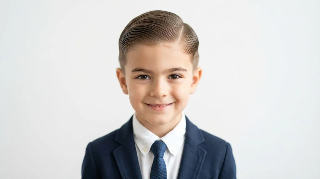 Young boy with a neat comb-over hairstyle and formal shirt in a studio setting