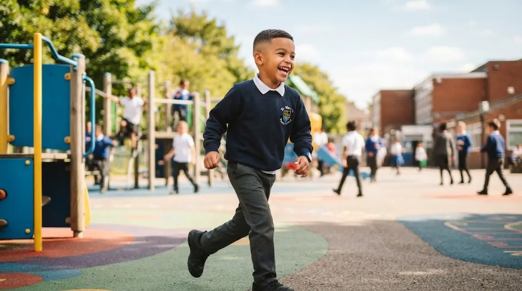 A cheerful young school boy with a neat low taper fade haircut playing outdoors on a sunny day.
