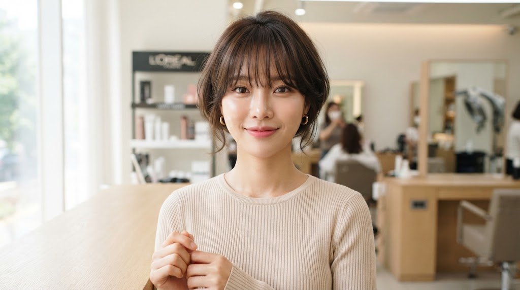 Close-up of a model showcasing soft, airy Korean see-through bangs and face-framing layers