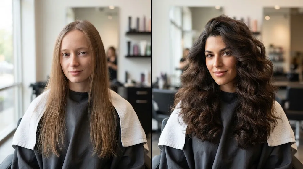 Close-up comparison of thin hair versus thick hair styling for Korean see-through bangs in a salon.
